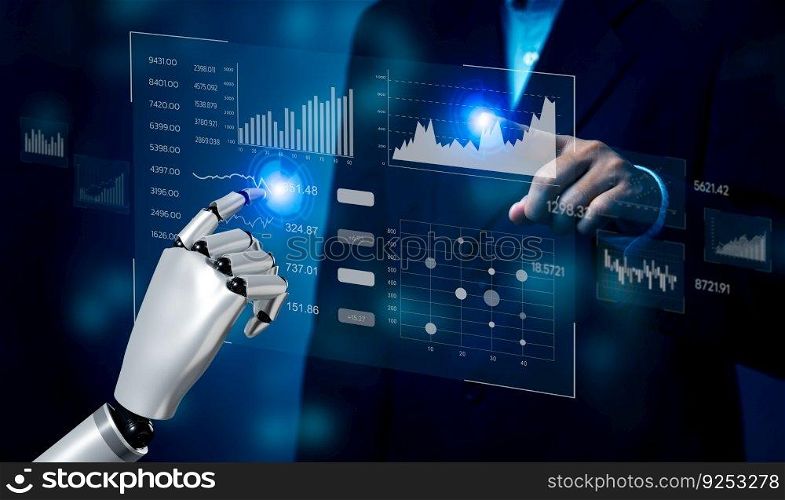Business 3D rendering artificial intelligence AI robot dashboard Big data diagram graph virtual screen. economic analysis and investment finance and marketing business intelligence  BI  concept.