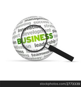 Business 3d Word Sphere with magnifying glass on white background.