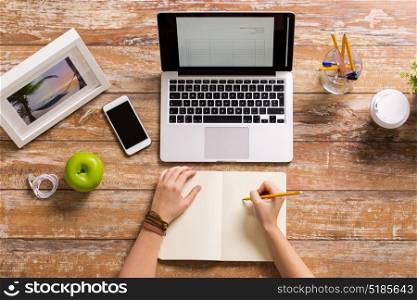business, accounting, people and freelance concept - hands of woman with laptop computer writing to notebook at home or office table. woman hands writing to notebook at home office