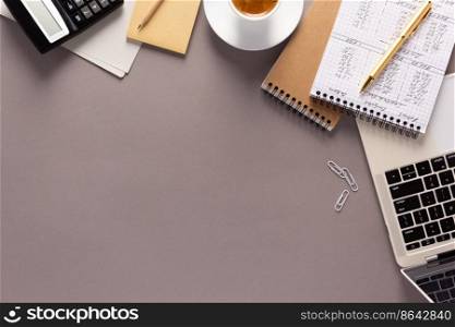 Business accounting workplace and stationary supplies at table background. Financial budget or saving concept idea