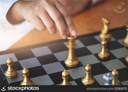 business administrator with chess board game, strategy and competition.
