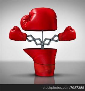 Business advantage and innovation strategy concept as an open boxing glove with two more fighting symbols emerging as an icon of covering your bases and extending youre reach to compete successfully.
