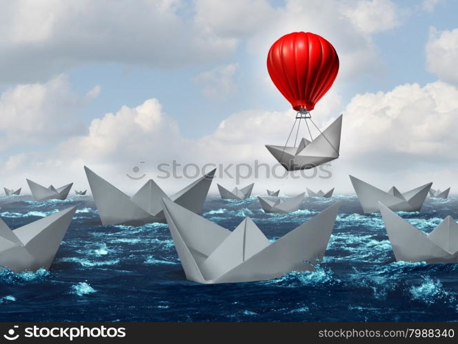 Business advantage concept and game changer symbol as an ocean with a crowd of paper boats and one boat rises above the rest with the help of a red hot air balloon as a success and innovation metaphor for new thinking.