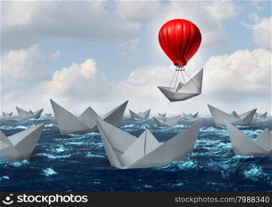 Business advantage concept and game changer symbol as an ocean with a crowd of paper boats and one boat rises above the rest with the help of a red hot air balloon as a success and innovation metaphor for new thinking.