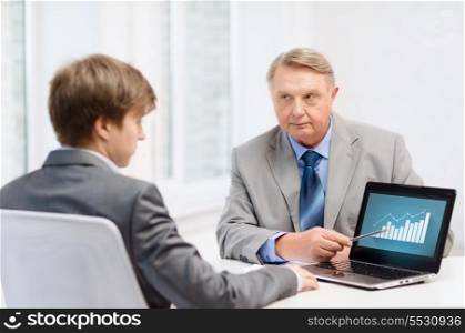 business, advertisement, technology and office concept - older man and young man with laptop computer in office
