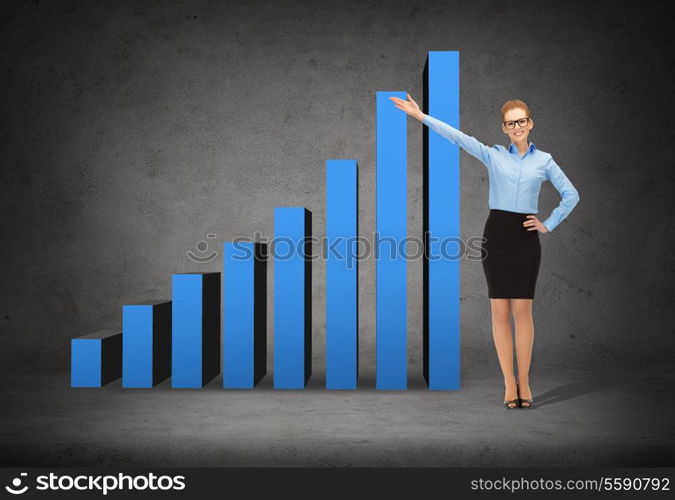 business, advertising and office concept - smiling businesswoman in eyeglasses showing growing chart