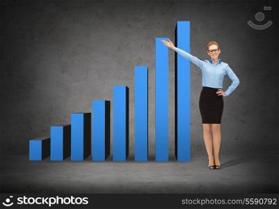 business, advertising and office concept - smiling businesswoman in eyeglasses showing growing chart