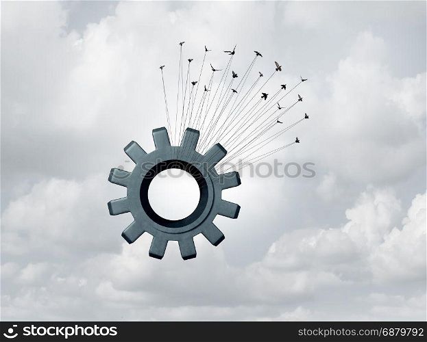 Business alliance cooperation concept as a group of organized birds lifting up a huge industry gear symbol as a corporate unity success metaphorwith 3D illustration elements.