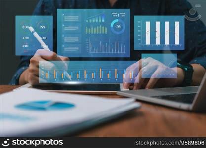 business analysis and Data Management System financial KPI data profits dashboard on virtual screen. working with big data finance management technology. business intelligence marketing report.