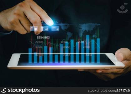 Business analysis and economic growth big data with financial graphs. Concepts of digital virtual screen marketing dashboard technology and global economic network connection.