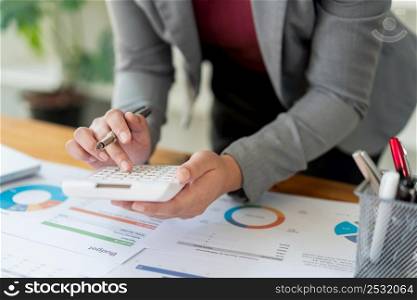Business analyst concept the accountant calculating to estimate the amount of company&rsquo;s expense.