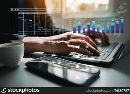 Business analyst working on laptop with business analytics dashboard and data management system. Corporate strategy for finance, operations, sales, marketing is the focus.