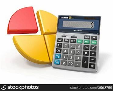 Business analytics. Calculator and graphics on white background