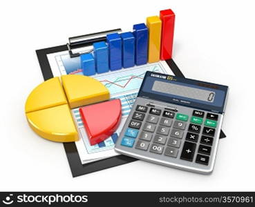 Business analytics. Calculator, financial reports and graphics.