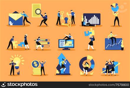 Business analytics data organization statistical analysis profitable decisions experts judgement symbols collection flat set isolated vector illustration