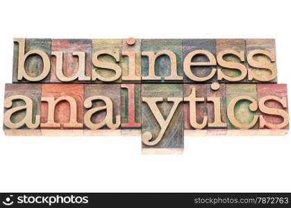 business analytics typography - isolated text in letterpress wood type blocks