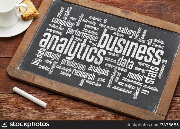 business analytics word cloud on a vintage slate blackboard