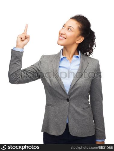 business and advertisement concept - attractive young woman with her finger up