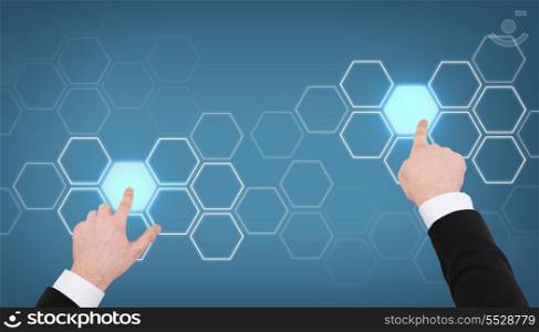 business and advertisement concept - close up of businessman pointing to something