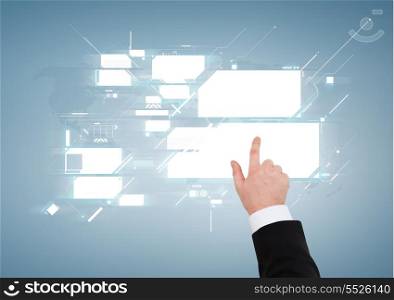 business and advertisement concept - close up of businessman pointing to virtual screen