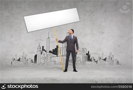business and advertisement concept - smiling businessman holding white blank board