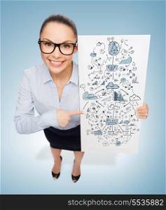 business and advertisement concept - smiling businesswoman in eyeglasses pointing finger to white board with big plan