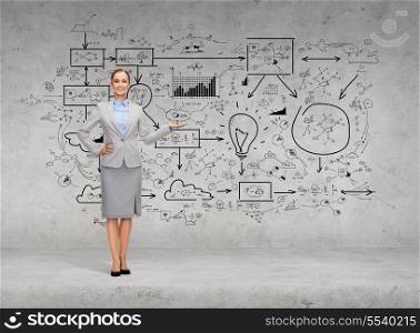 business and advertisement concept - smiling businesswoman showing big plan on concrete wall