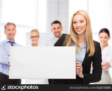 business and advertising concept - smiling businesswoman with white blank board