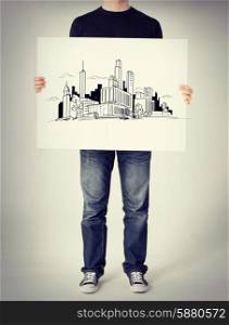 business and architecture concept - man showing white board with city sketch