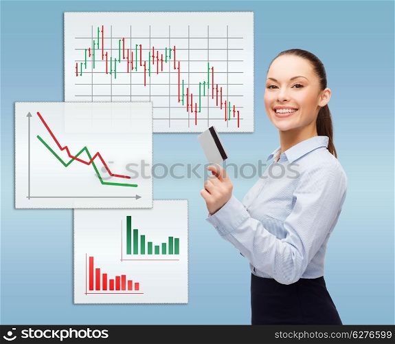 business and bank concept - smiling businesswoman showing credit card