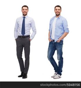 business and casual clothing concept - same man in different style clothes. same man in different style clothes