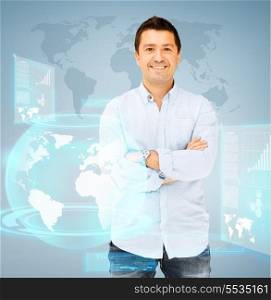 business and communication concept - handsome smiling man in casual shirt