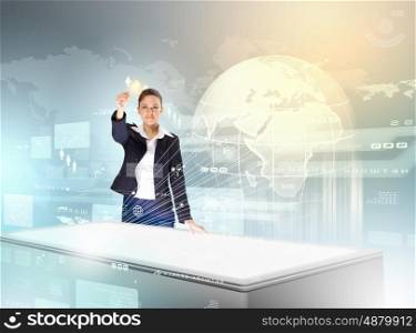 Business and communication innovations. Image of young businesswoman clicking icon on high-tech picture
