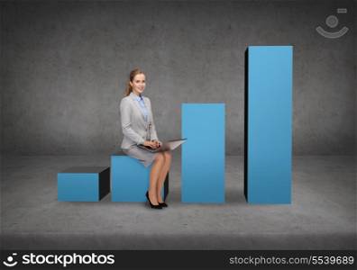 business and delivery service concept - smiling woman sitting on growing chart with laptop computer