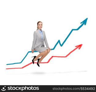 business and delivery service concept - smiling woman sitting on growing graph