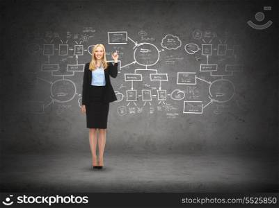 business and education concept - attractive young businesswoman with her finger up and big plan on the back