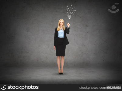 business and education concept - attractive young businesswoman with her finger up