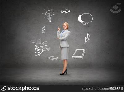 business and education concept - attractive young businesswoman with her finger up and different doodles