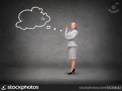 business and education concept - attractive young businesswoman with her finger up and empty text bubble