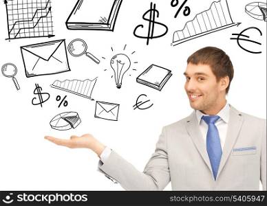 business and education concept - businessman showing something on the palm of his hand