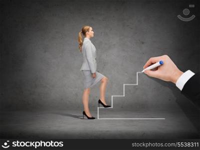 business and education concept - businesswoman stepping up staricase