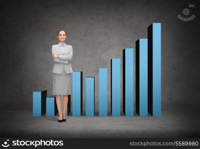 business and education concept - friendly young smiling businesswoman with crossed arms with growing chart on the back