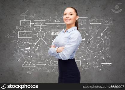 business and education concept - friendly young smiling businesswoman with crossed arms and big plan on the back