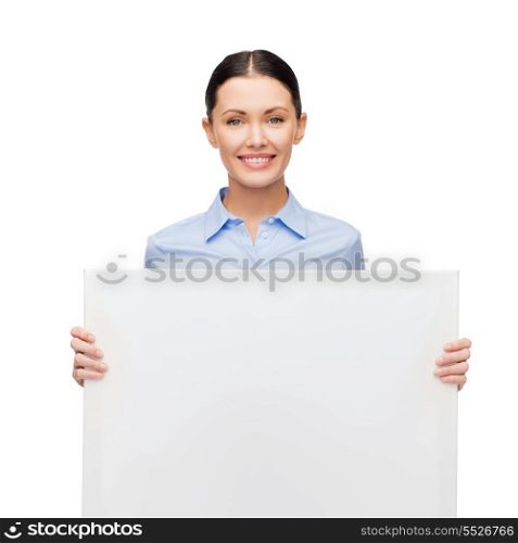 business and education concept - friendly young smiling businesswoman with white blank board