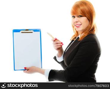 Business and education concept. Redhair woman holding blue clipboard with empty blank and showing with pen. Isolated on white background