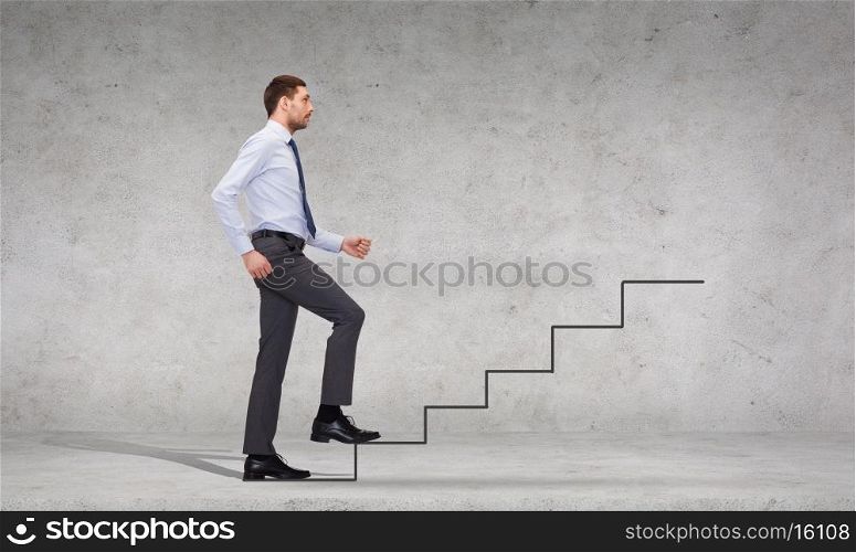 business and education concept - serious businessman stepping on step