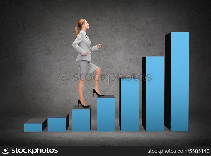 business and education concept - smiling businesswoman stepping on chart bar