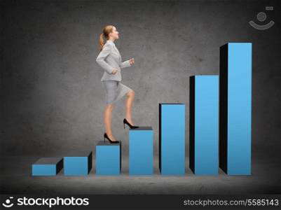 business and education concept - smiling businesswoman stepping on chart bar