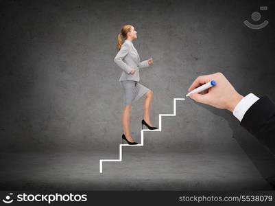 business and education concept - smiling businesswoman stepping up staircase