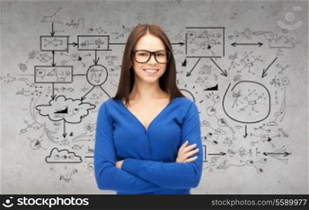 business and education concept - smiling businesswoman, teacher or student in glasses with big plan on the back